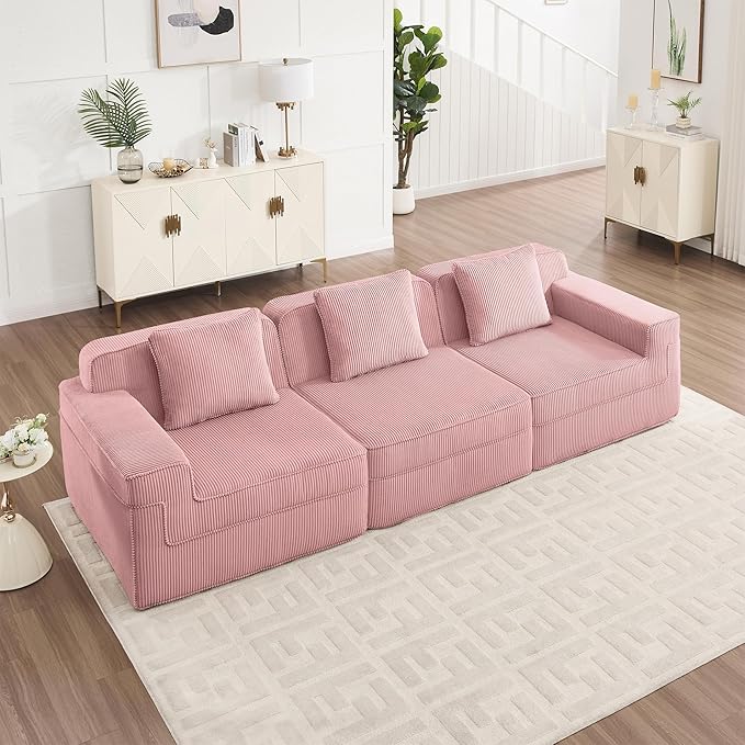 117.3 Corduroy Boneless Sectional Couch with High Density Memory Foam SofaCloud Sofa with Deep Seats and Wide Armrests3 Seater Pink Sofa for Living Room Apartments