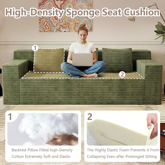 71 Small Couches for Small Spaces Memory Foam Cloud loveseat Corduroy Couch in a Box Compressed Boneless Sofa for Living Room Bedroom Apartment Furniture No Assembly Required Green