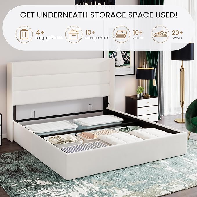 SHA CERLIN King Size Lift Up Storage Bed/Velvet Upholstered/Modern Wingback Headboard/Upholstered Platform Bed Frame/Hydraulic Storage/No Box Spring Needed/White