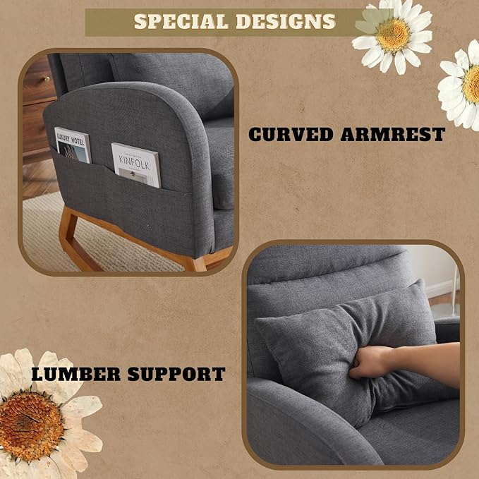 VINGLI Grey Linen Nursery Rocking Chair with Thick Headrest Upholstered Mid-Century Modern Nursing Rocker Glider with Curved Armrest Sturdy Solid Wood Base for Living Room Bedroom Baby Room