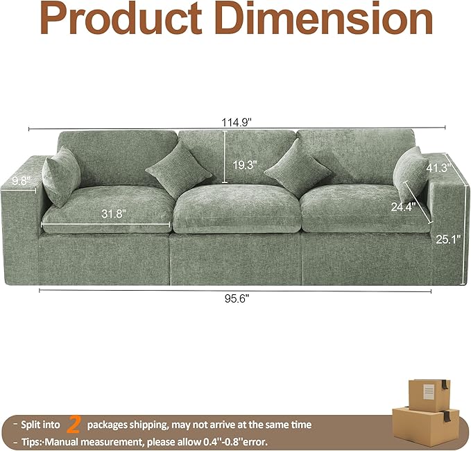 115''Cloud Boneless Sectional Couch Modular Sectional Sofa Deep Seat Oversized Upholstered Convertible Comfy 3 Seater Chenille Memory Foam Sofa Couches for Living Room Green