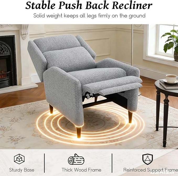 leovanni Push Back Recliner Chair Fabric Upholstered Recliner with Adjustable Backrest and Footrest Modern Comfy Reclining for Living Room Bedroom Small Spaces Gray