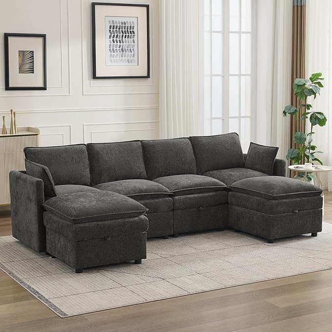 105 Cloud Modular 4 Seater Sofa with 2 Storage Ottoman Modern Upholstered Sofa Storage Sofa Couch Deep Seat U Shape Sectional Sofa Chenille Comfy Couch with Armrests for Living Room Dark Grey | Mo