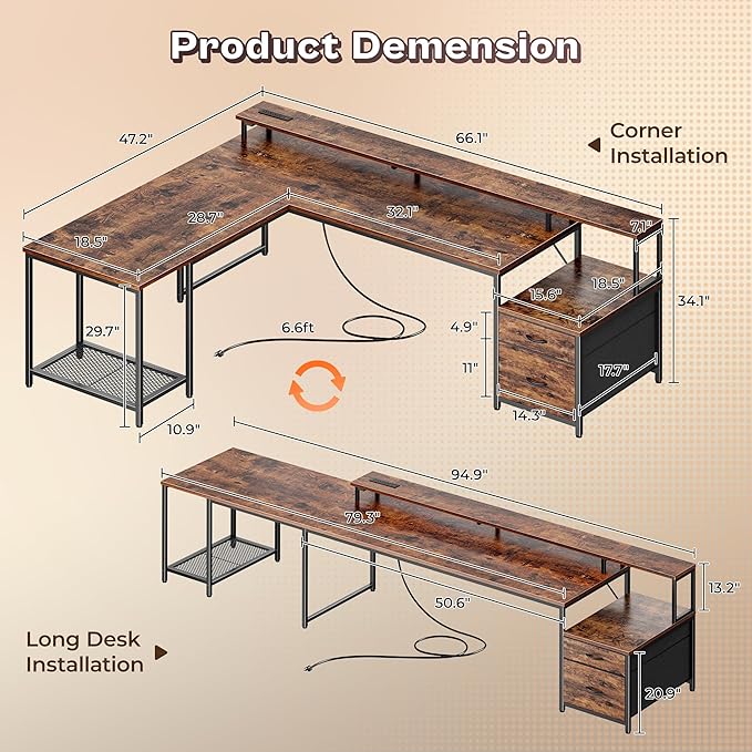PRAISUN 66 L Shaped Gaming Desk with LED Lights &amp Power Outlets Computer Desk with Fabric Drawers and Print Stand Corner Office Desk Monitor Stand Mesh CPU Stand Rustic Brown