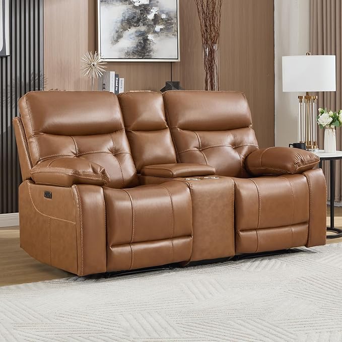 CANMOV Genuine Leather Power Recliner Loveseat 2 Seat Loveseat Reclining Sofa with Storage ConsoleHidden Cup HoldersModern Electric Recliner Couch Set for Living Room BedroomBrown