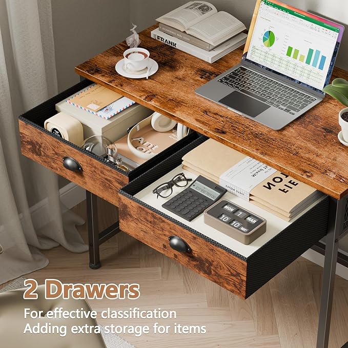Furologee Small Computer Desk with 2 Fabric Drawers for Bedroom34 Inch Home Office Writing Desk Vanity Desk with Hooks Simple Study Desk for Small Spaces Makeup Dressing Table Rustic Brown