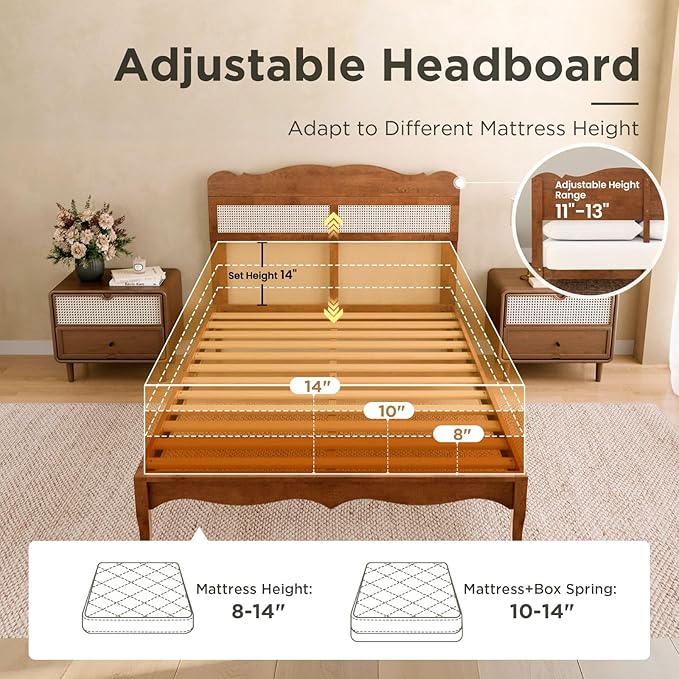 Sophia &amp William Rattan Bed Frame Full Size Wood Bed Frame with Adjustable Headboard Solid Wood Slats Support Brown