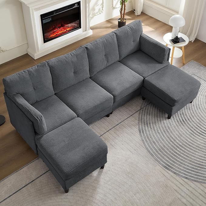PUREMIND 89 U Shaped Sectional Couches Corduroy Sectional Sofa with Reversible Storage Ottoman 4 Seater Sofa with Throw Pillows Upholstered L-Shaped Couch for Living Room Dark Grey