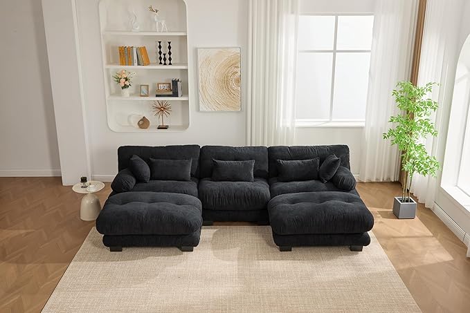 KEIKI 118 U-Shaped Oversized Pelletized Velvet Sectional Sofa with 2 Ottomans Free Combined 3-Seater Cloud Modular Couch with Bolster Armrest Pillow Easy Assembly for Apartment Living Room Black
