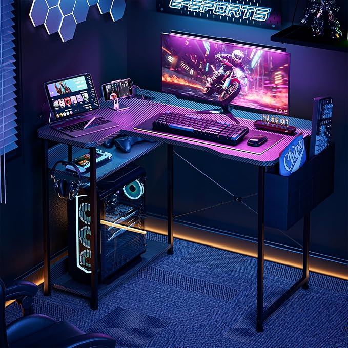 L Shaped Gaming Desk 48 Inch - Computer Corner Desk with Power Outlets Reversible Shelves &amp Storage Bag for Home Office PC Gaming Table Black Carbon