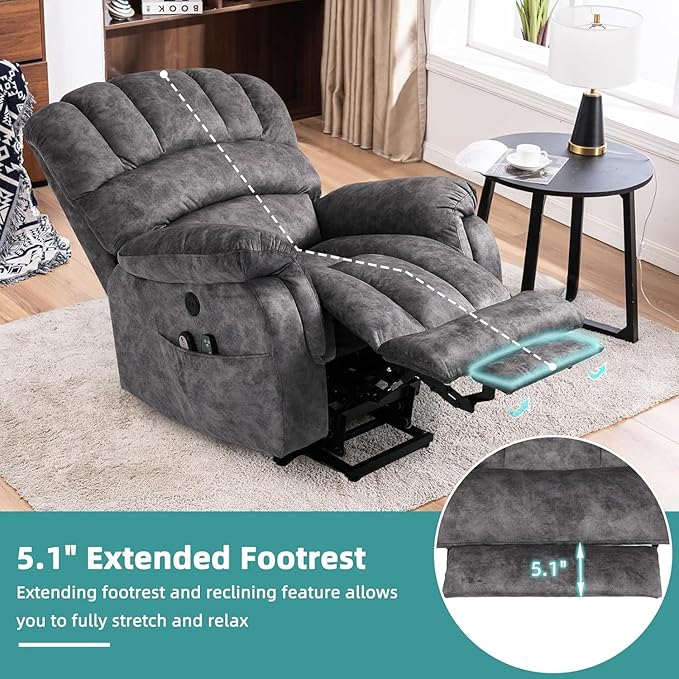 MEETWARM Large Power Lift Electric Recliner Chair with Extended Footrest for Elderly Big and Tall Lift Chair for Seniors Reclining Chair with Vibration Massage and Heated USB Ports(Plush-Grey)