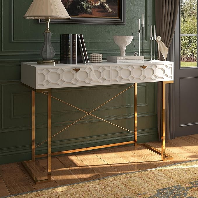 Clihome Console Table with 2 Drawers 42'' Entryway Table with Storage Desktop Sofa Table Hallway with Golden Legs and X-Shaped Bracket