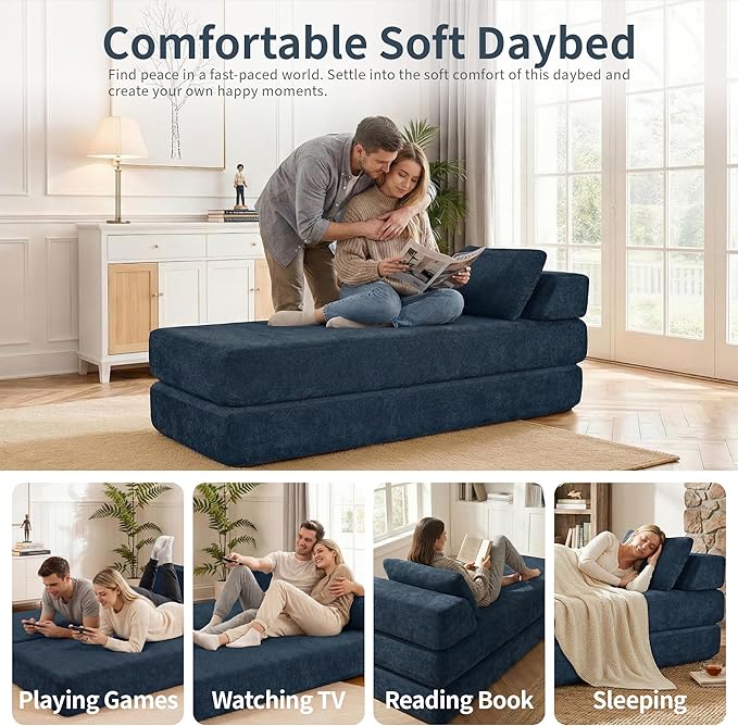 Convertible Chaise Lounge Chair Indoor Boneless Cloud Couch with 2 Pillows Sleeper Sofa for Living Room Bedroom Reading Nook- No Need Assembly (Navy Blue)