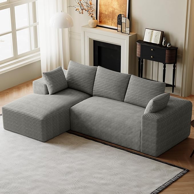 107 Sectional Couches for Living Room Comfy L Shaped Boneless Couches Modern Deep Seat Modular Sofa Cloud Corduroy Couch with Left Facing Chaise No Assembly Needed Light Grey