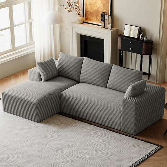 107 Sectional Couches for Living Room Comfy L Shaped Boneless Couches Modern Deep Seat Modular Sofa Cloud Corduroy Couch with Left Facing Chaise No Assembly Needed Light Grey