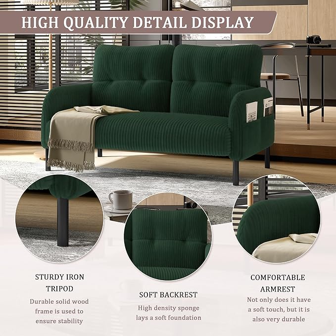 47'' Small Loveseat Sofa Comfy Corduroy Love Seat Couch for Small Spaces 2 Seater Sofa Office Couch with Solid Wood Legs for Living Room Bedroom Apartment (Emerald)