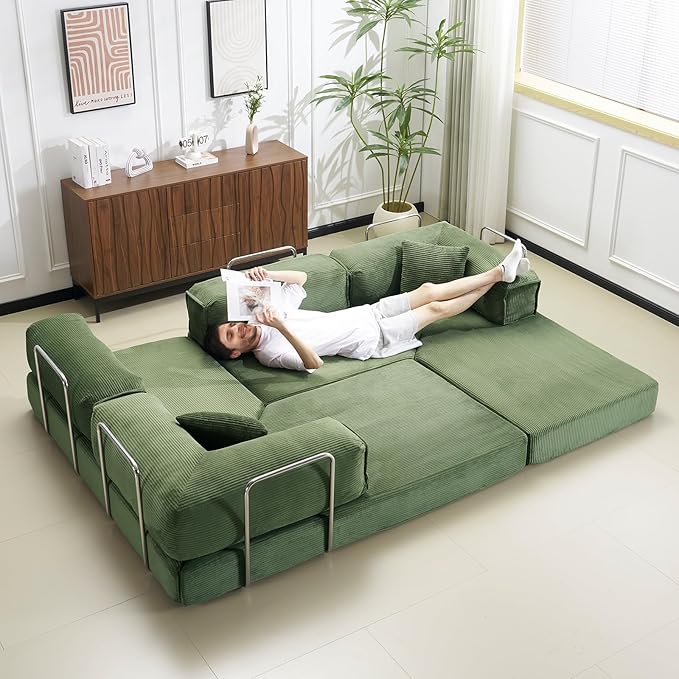 Furnimart 108 Convertible L-Shape Sofa with Cylindrical Pillow Comfy Foldable Compressed Sofa Bed Boneless Floor Sofa Lounge Couch for Living Room Bedroom No Assembly Required Green