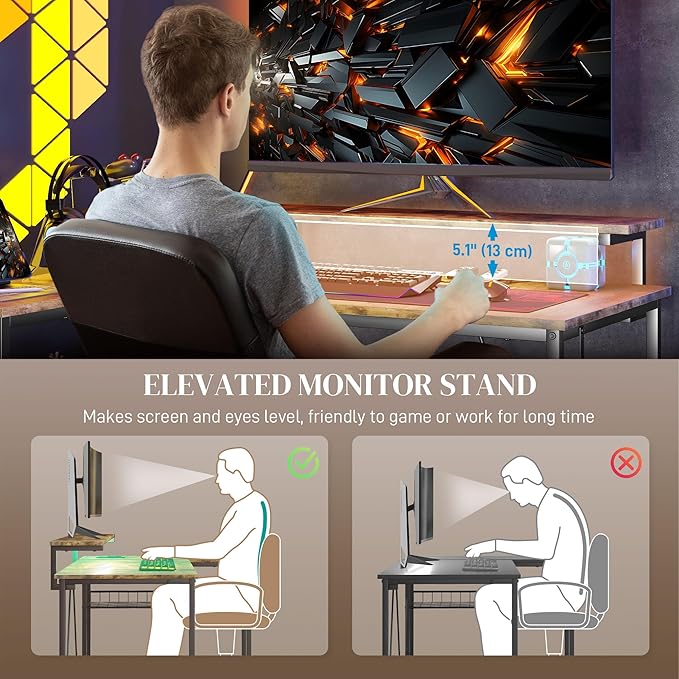 42 L Shaped Desk with LED Lights Power Outlet USB Charging Ports Reversible L Shaped Computer Desk with Storage Shelves Monitor Stand Corner Gaming Desk for Home Office Rustic Brown