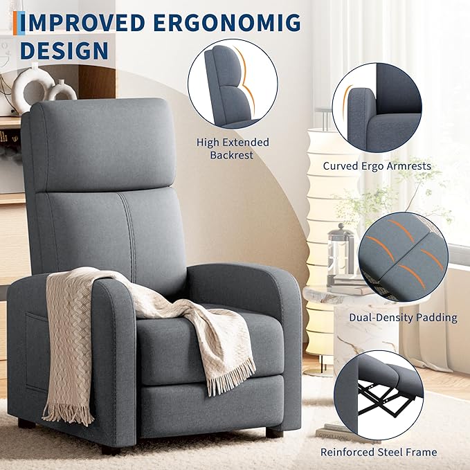 GarveeHome Linen Fabric Manual Recliner Chair with Side Pocket High Backrest Thick Cushion Adjustable Push Back ReclinerCozy Lounge Chair for Living Room Home Theater Bedroom Dark Gray