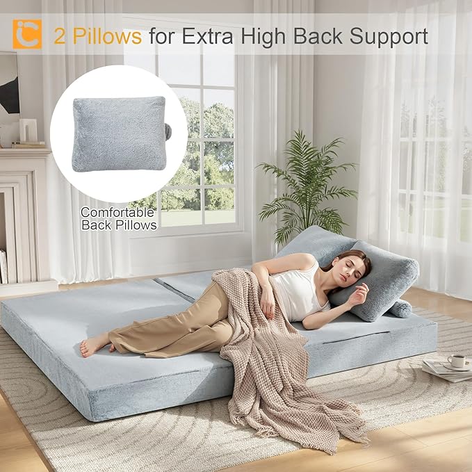 COMAX Convertible Sofa Bed Folding Floor Couch Fold Out Couch Bed Futon Sleeper Mattress with Pillows Boneless Sofa Comfy Lounge Loveseat for Living Room Bedroom Snow Light Grey