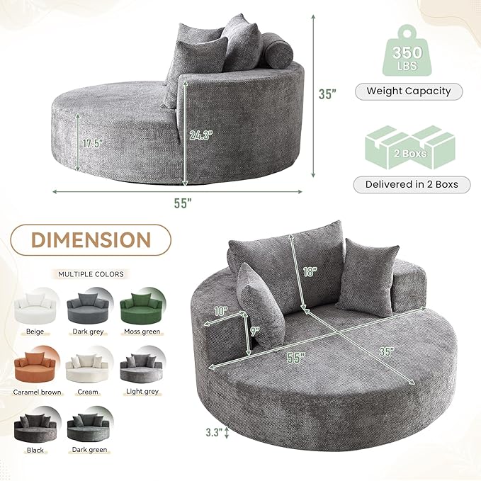 360° Oversized Swivel Chair Modern Circle Round Lounge Chair with Deep Seat Comfy Back Cushion &amp 2 Throw Pillows for Living Room Bedroom Office Light Grey Chenille