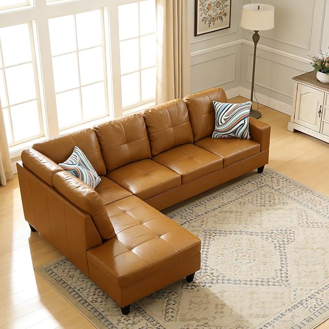 103.5 Inch Modern L-Shaped Couch PU Leather Sectional Sofa with Chaise Lounge 4-Seater Couch with Accent Pillows for Living Room Apartment Turmeric