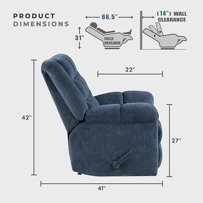 Lexicon Chenille Rocker Reclining Chair for Adults Rocker Pull Handle Recliner Nursery Chair for Living Room/Bedroom High Back Pillow Top Arms High Density Foam Cushions Blue