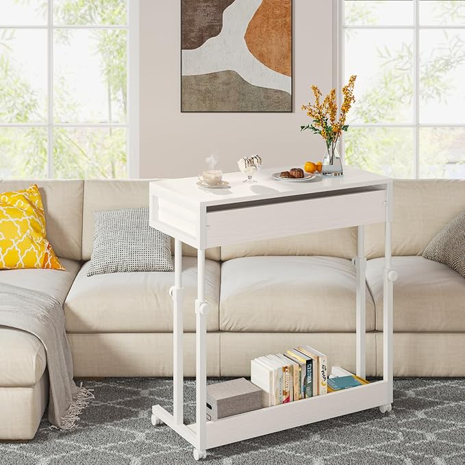 Tribesigns Portable Desk with Drawers Mobile Laptop Desk with Wheels Sofa Side Table Bed Desks Small Standing Desk for Home Office (White)