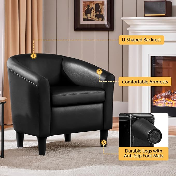 Topeakmart Faux Leather Club Chair Modern Accent Chair and Cozy Barrel Armchair with Sturdy Legs for Living Room Bedroom Reception Room Black