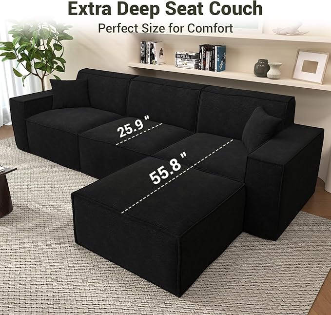 Cloud Modular Sectional Sofa Boneless Couch Sectional Couches with Deep Seat 2 Seater L Shape Couch for Living Room Chenille Memory Foam Sofas No Assembly RequiredBlack