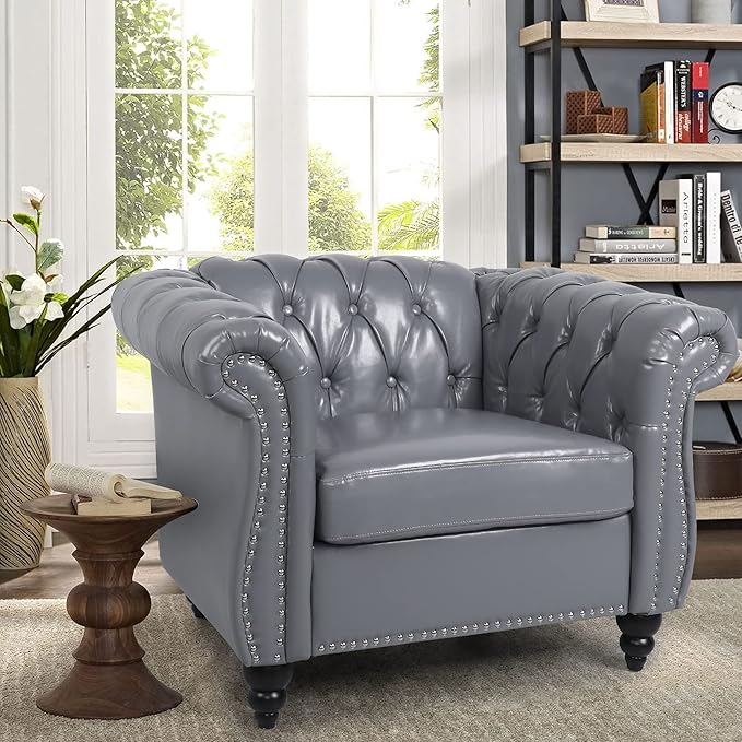 LEVNARY Leather Upholstered Armchair Mid-Century Modern Single Sofa Chair with Rolled Arms and Nailhead Tufted Pu Leather Chesterfield Chair for Home Bedroom Reading Room (Gray)