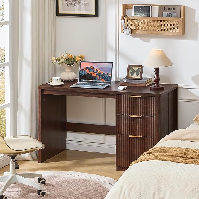 LEYAOYAO Office Desk 48 with 3 Drawers Storage File Cabinet Wood Fluted Desk for Computer Office Bedroom Home Furniture Walnut