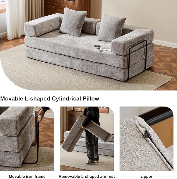 Alpen Convertible Sleeper Sofa Bed 77 Sofa Bed Full Size with L-Shaped Armrests Pull Out Sofa Beds Queen Size Couches for Small Living Room for Living Room Bedroom Light Grey