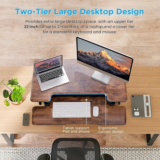 32 Inch Standing Desk Converter 12-Position Adjustable Height Computer Desk Converter Ergonomic for Use in Home Offices and Computer WorkstationsVintage Brown