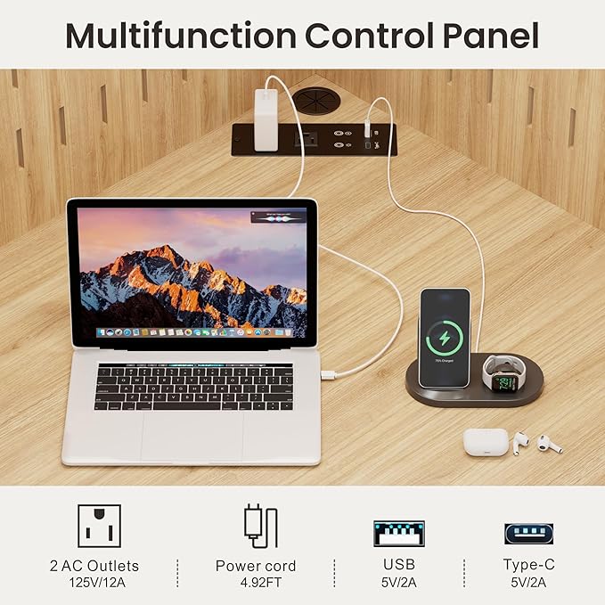 Corner Desk with - LED Reading Light L-Shaped Computer Desk w/Hutch &amp Shelves Home Office Desk w/Charging Station for Work &amp Study File Cabinet Storage Bookshelf for Small Space (Natural)
