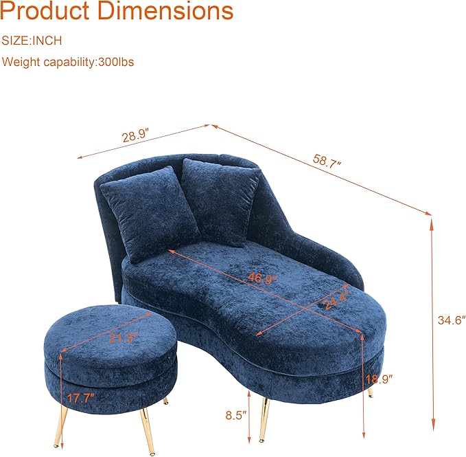 Modern Curved Chaise Lounge Chair Indoor 58 Chenille Lounge Sofa with Left Armrest &amp Lumbar PillowsUpholstered Leisure Recliner Chair with Removable Storage Footstool for Living Room (Blue)