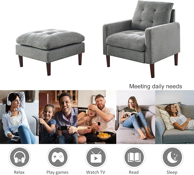 Modern Fabric Single Sofa Chair Living Room Chair Comfortable Armchair with Solid Wood Legs Tufted Chair for Reading or Lounging