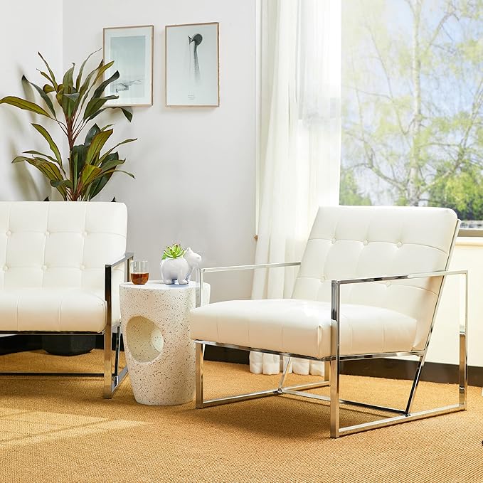 Glitzhome Mid Century Modern Accent Chairs Set of 2 Modern Living Room Chairs with Durable Metal FramePU Leather Cushioned Reading Armchairs for Living Room Bedroom Home Office Off White