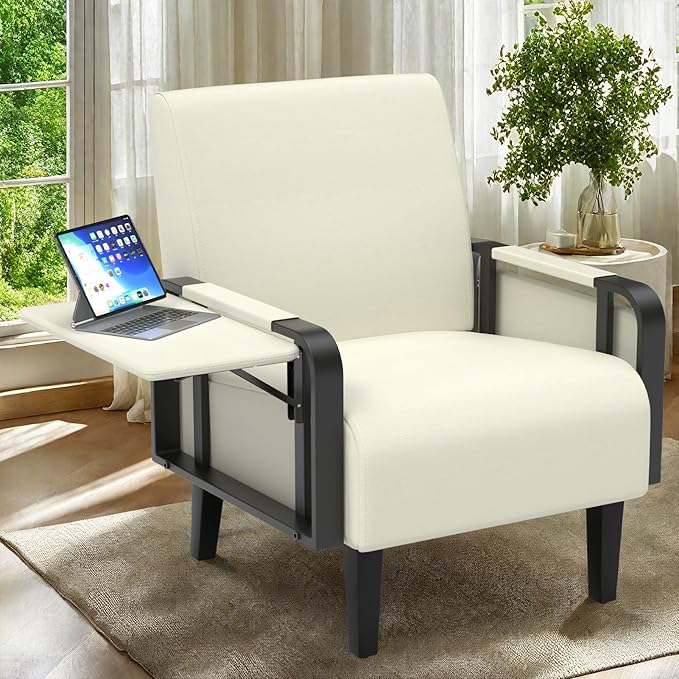 Faux Leather Accent Chair Modern Upholstered Armchair with Tray Table Comfy Reading Chair for Living Room Bedroom Guest Room Beige