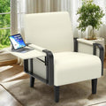 Faux Leather Accent Chair Modern Upholstered Armchair with Tray Table Comfy Reading Chair for Living Room Bedroom Guest Room Beige