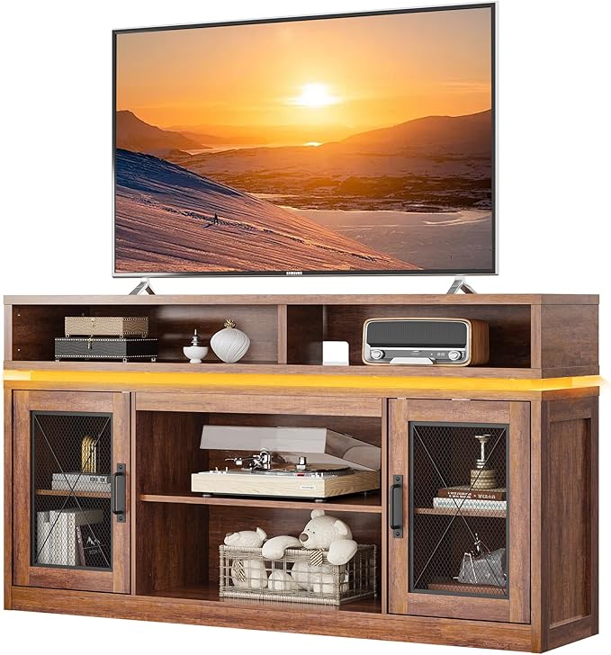 WLIVE Farmhouse TV Stand for TVs Up to 65 Inches Tall Entertainment Center with Storage Cabinets &amp LED Lights Media Console for Living Room Bedroom Home Theater Rustic Brown