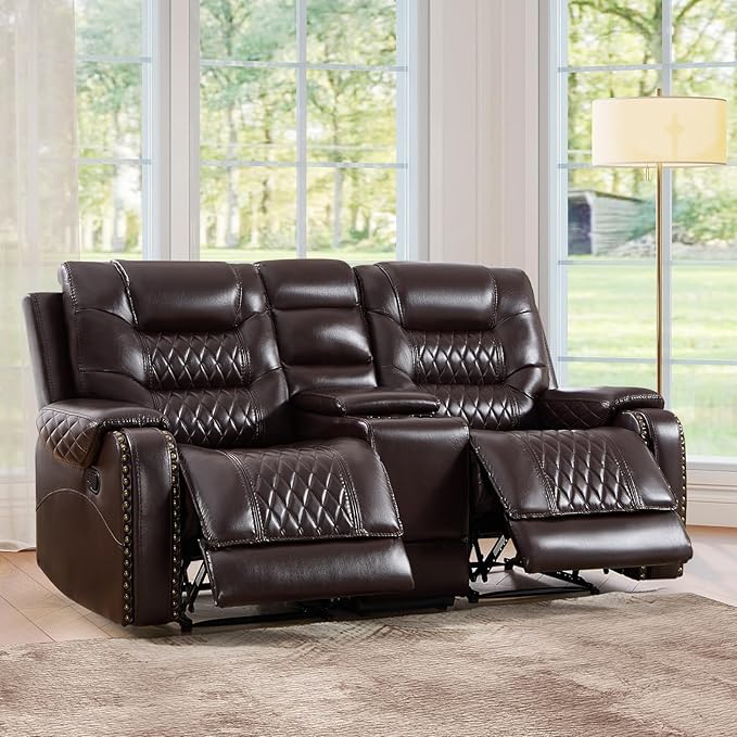 EBELLO Manual Reclining Loveseat Faux Leather Double Recliner Sofa with Center Console Hidden Storage &amp Cup Holders Vintage Rivet Mid-Century Modern Design for Living Room Dark Brown