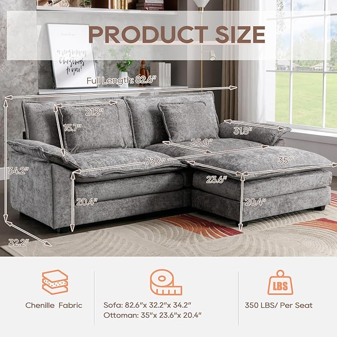 IPKIG 82.6 Sectional Sofa Cloud Couch Modern Chenille Comfy Upholstered 2-Seat Sofa with 2 Ottoman 2 Lumbar Pillow Deep Seat Modular Couch for Living Room Apartment Office Studio Light Grey |