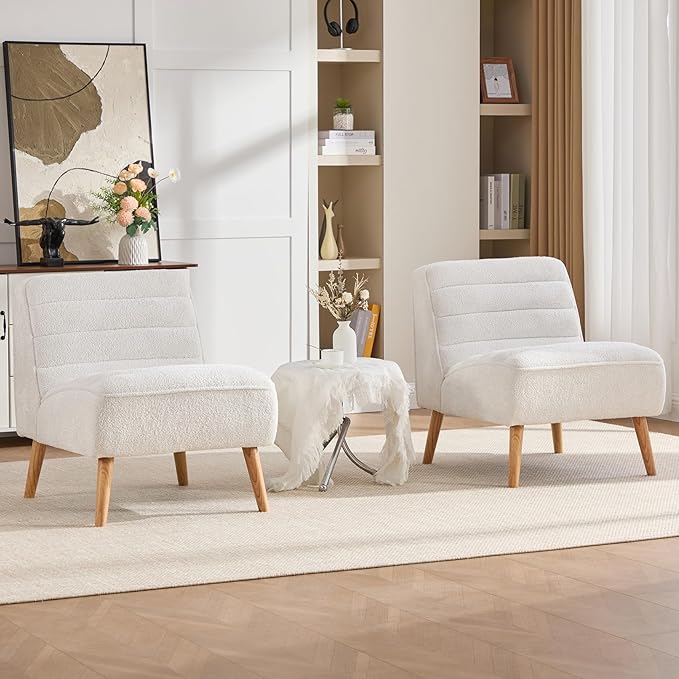 Armless Accent Chair Single Sofa Chair Mini Cute Side Sofa with Sherpa Fabric Upholstered Cushion for Small Space Apartment Bedroom Living Room White.