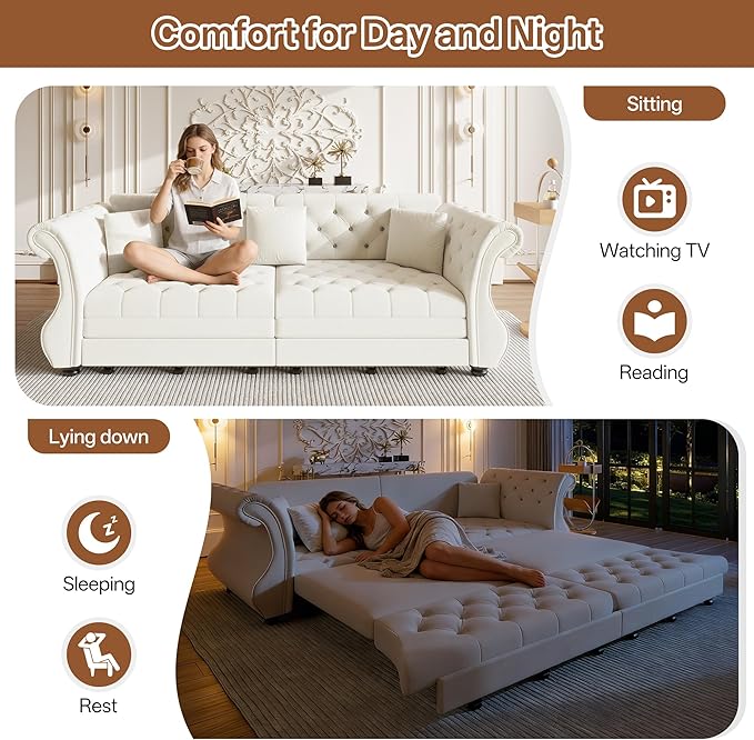 97.6'' King Size Pull Out Sofa Bed Velvet 3-in-1 Convertible Sleeper Sofa Bed Chesterfield Rolled Arm Flower Tufted Oversized Deep Seat Loveseat Sofa for Living Room Apartment Beige | Breathable