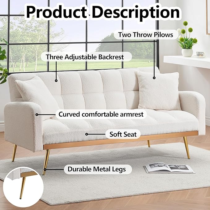 Comfy Futon Sofa Bed with 2 Pillows White Futon Couch Bed with Gold Legs Small Convertible Sofa Bed Couch for Living Room Modern Loveseat for Bedroom Curved Arms Plush Tufted-ShapedTeddy (Beige)