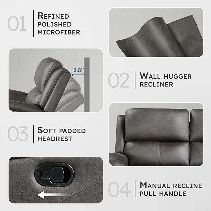 Lexicon 61.5'' Double Recliner Couch Wall Hugger Sofa Recliners Home Theater Seating Dual Reclining Couch Love seat Recliner Manual Recliner Couches for Living Room/Bedroom/Office/Apartment Grey