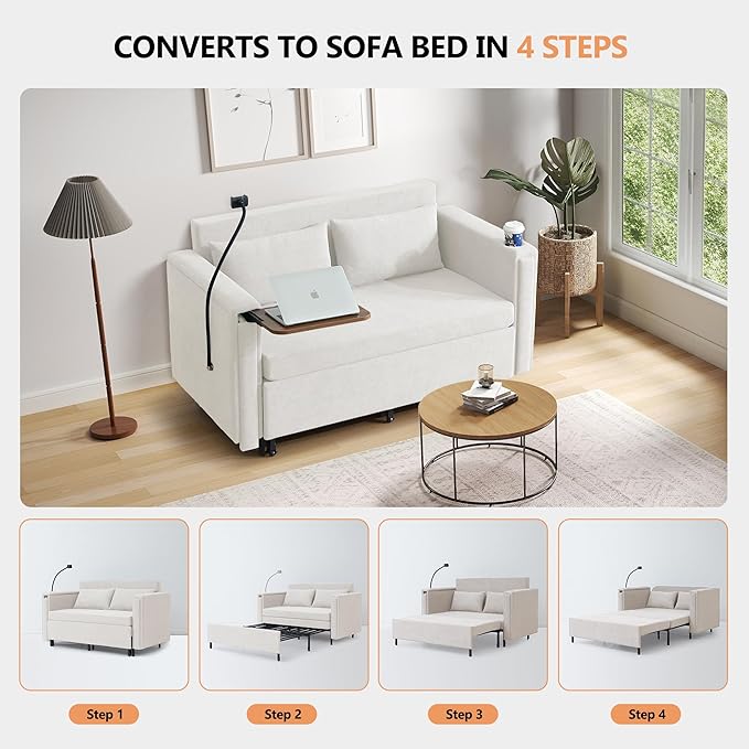 3-in-1 Convertible Sleeper Sofa Couch with Pullout Bed Loveseat Sleeper Sofa Bed with Hidden Side Table 56 Full Size Folding Futon Couch for Living Room Guest Room Apartment Home Office (Beige)