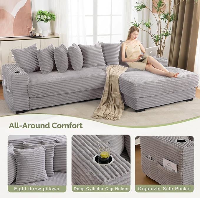Oversized L-Shaped Modular Sectional Sofa Couch with 8 Pillows Convertible Corduroy Sleeper Sofa Bed with Cupholders &amp Storage Pockets Cloud Couch with Movable Ottoman for Living Room Light Gre