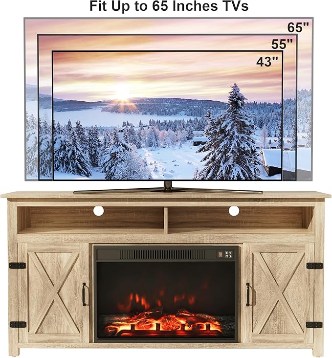 Furmax Farmhouse Fireplace TV Stand for TVs Up to 65 Inch Highboy Entertainment Center with Open Storage and Side Cabinets Rustic Media Console Table with Barn Doors for Living Room (Natural Oak)